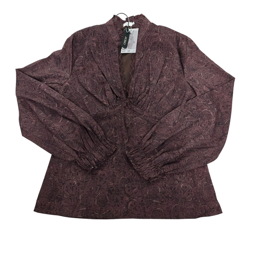 Oyrosy‎ Brown Paisley Floral Lace Trim V-Neck Bishop Sleeve Blouse XL NWT